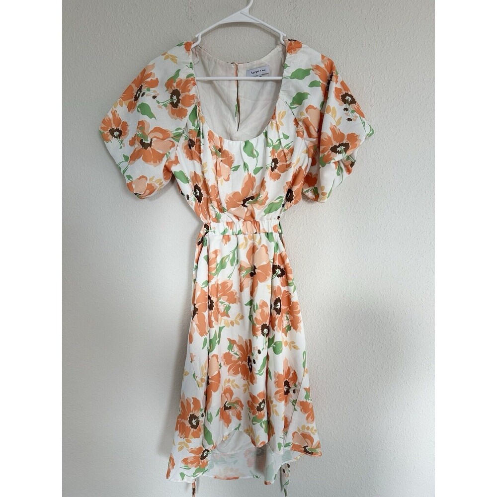 Harper And Me Cutout Back Puff Sleeve Orange Floral Midi Dress Tie Size 10